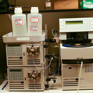 A High Performance Liquid Chromatography machine was one of the machines used in the beer chemistry lab. The HPLC machine separates chemical compounds in a liquid mixture and is used to determine bitterness of beer by determining the amount of bitter acids in it. Photo by Maddie Malat.