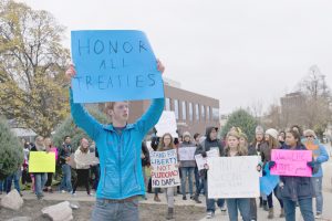 Students march in Fargo, protesting the NoDAPL pipeline. Photo submitted by Micaela Gerhardt.