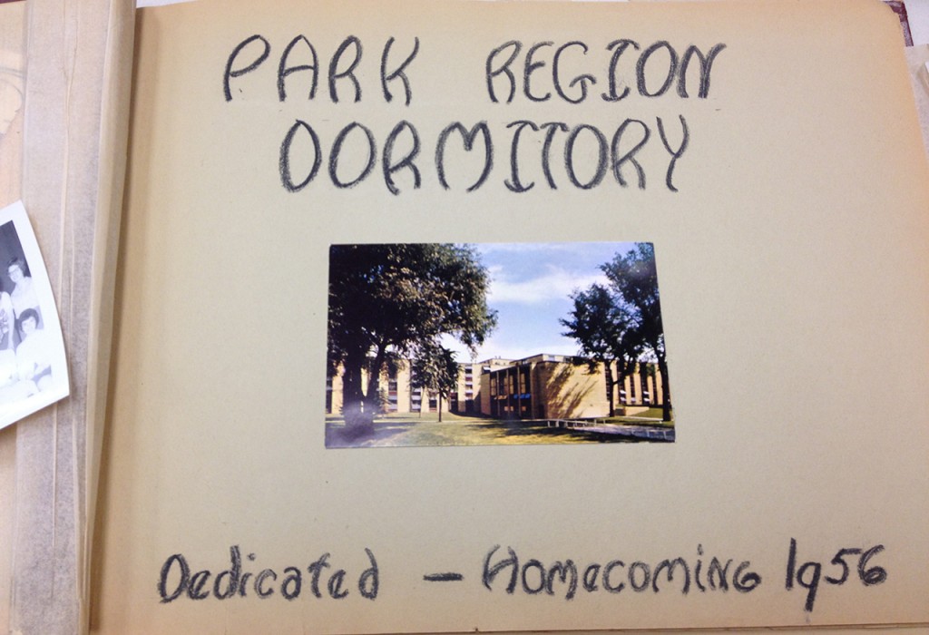 A scrapbook submitted by an alum featuring the newly-revovated Park Region. Other contributions include rings, buttons, stuffed animals and a notebook and songbook, both from the 1920s. Photo by Jordan Elton.