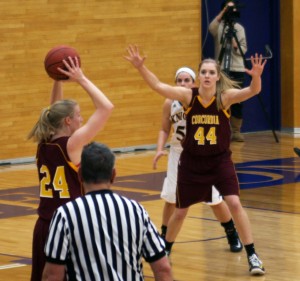 Senior Alexandra Lippert waits for a pass in a goal against Carleton. The wonen's basketball team's firt game is Friday Nov. 15. As current MIAC conference champions, the team has been working hard in hopes of keeping that title. Submitted photo.