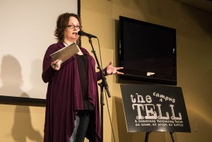 Laura Egland, the founder of The Tell in Fargo emceed The Campus Tell at Concordia on Tuesday night. Photo by Morgan Schleif.