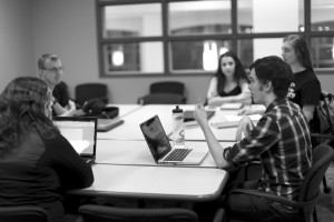 Left to Right: Logan Jorgenson, Cassi Monroe, Karis Baerenwald, and co-presidents Colin Johnson and Madison Lindquist at a weekly splinter group meeting Tuesday night. Photo by Maddie Malat.